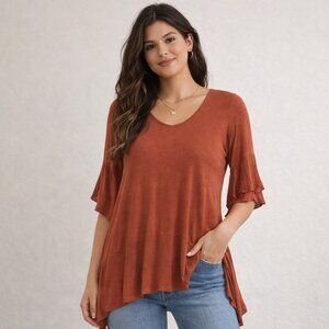 Mithra Rust Butterfly Sleeve Tunic Top Medium High Low Hem NWOT
